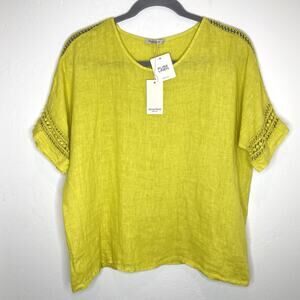 Alessia Pacino Pure Linen Top Womens Plus 1X Italy Chartreuse Green Crochet